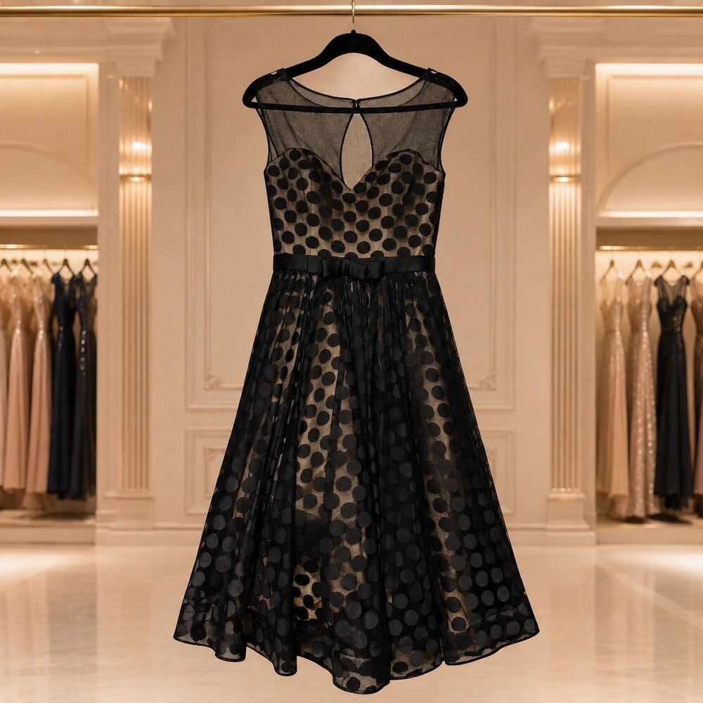 La Femme Black Gold Polka Dot Tulle Cocktail Dress Size 8 Retro Illusion Bow